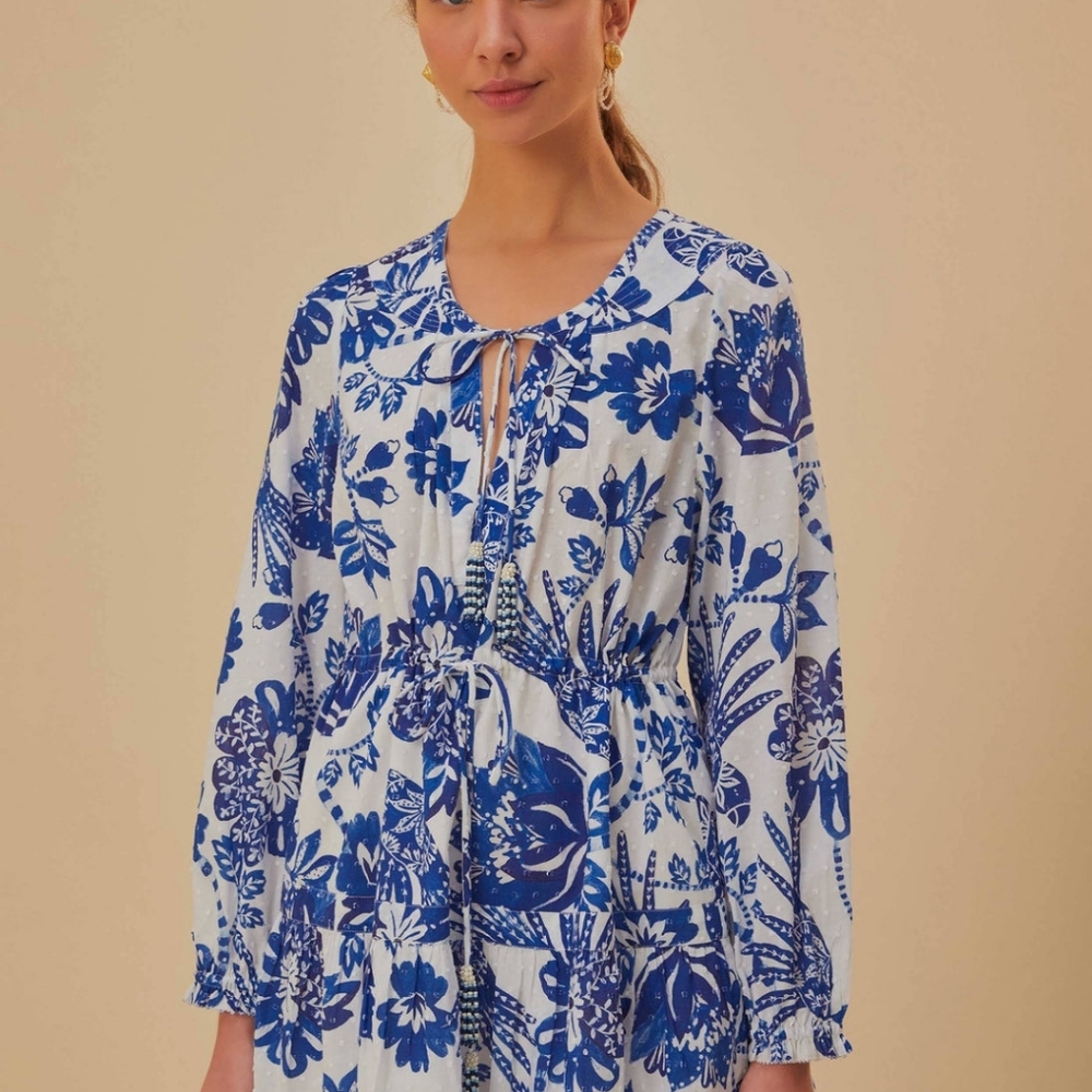 Farm Rio - off white Flowerful Birds long sleeve mini dress Large.